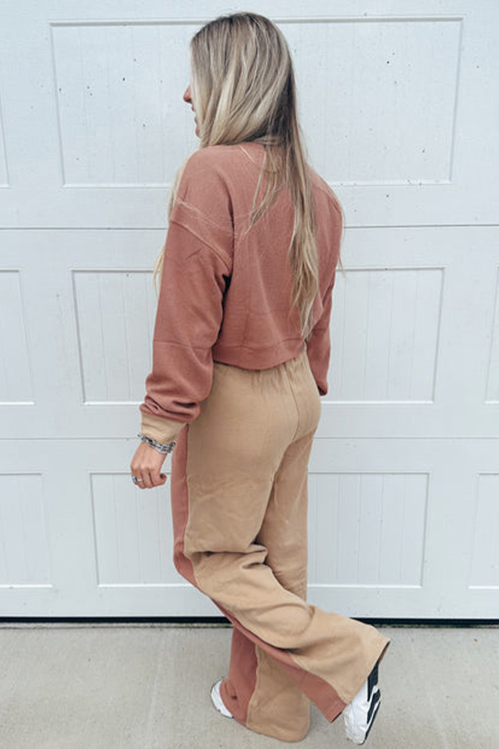 Premium Khaki Color Block Long Sleeve Crop Top Drawstring Pants Set Dear-Lover Dropshipping